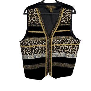Vintage Ashley Stewart Womens Sz18/20 Leopard Vest Black Gold Cowgirl Tiger King